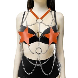 o ring decor body chain five star leather bra tank top